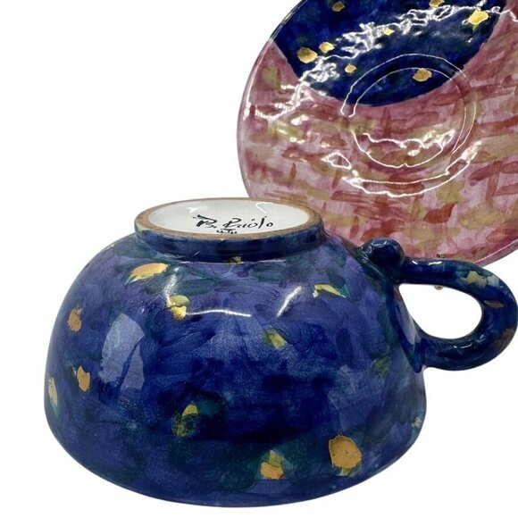 Rare Grazia Deruta Italy Hand Painted Pink & Blue Cup & Saucer Signed B. Piolo - Picture 8 of 13